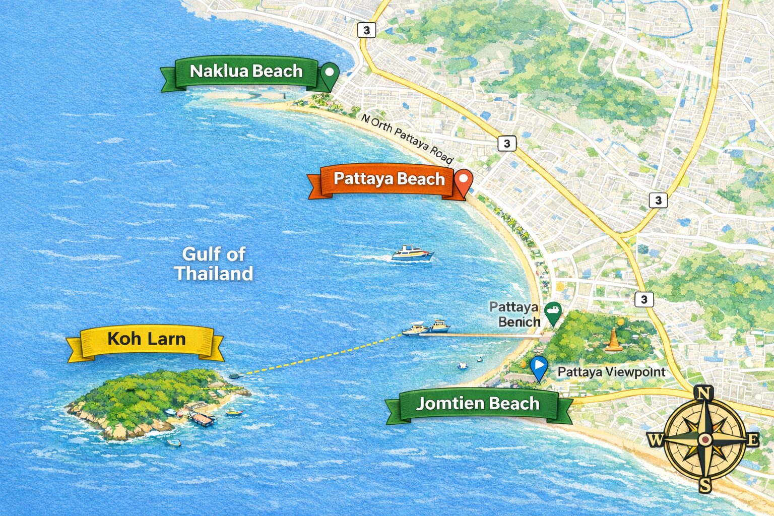 Pattaya Thailand beach map illustration showing Pattaya Beach Jomtien Beach Koh Larn and Naklua Beach locations